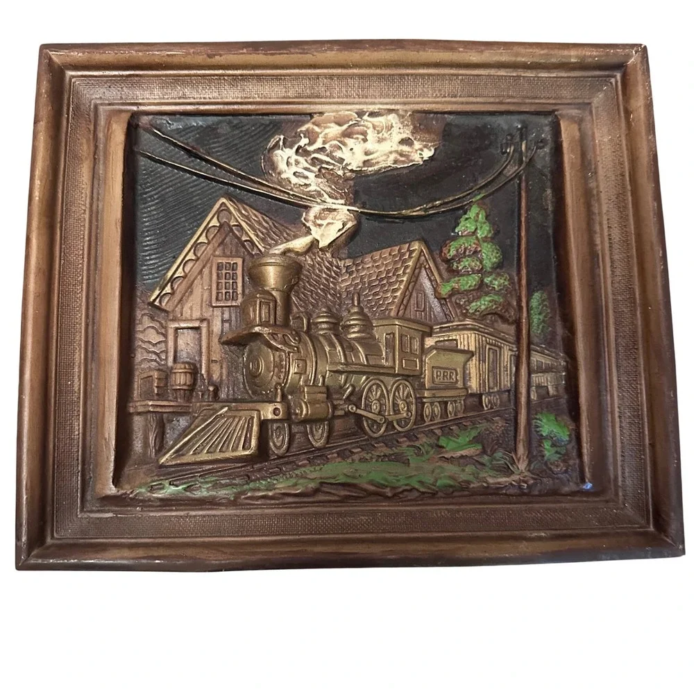 Vintage PRR Steam Train 3D Relief Wall Art Plaque Brown Gold 11x9‎ Railroad